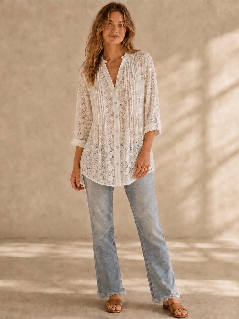 True Grit White Lace Tunic Blouse Small Semi Sheer Roll Tab Boho Cottagecore